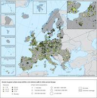 Access to green urban areas within a ten minute walk in cities across Europe