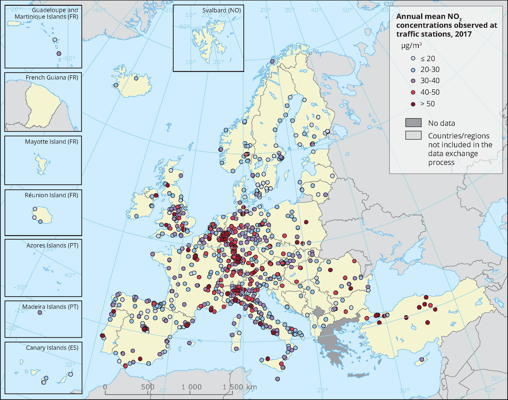 Annual mean NO2 concentrations observed at traffic stations, 2017