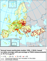 Annual mean particulate matter (PM10) 2010, based on daily average with percentage of valid measurements ≥ 75 % in μg/m3
