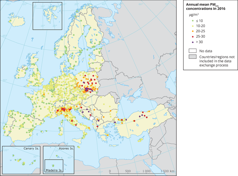 Annual Mean Pm2 5 Concentrations In 2016 European Environment Agency