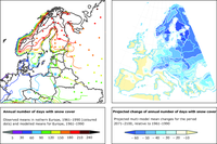 Annual number of days with snow cover over European land areas 1961-1990 and projected change for 2071-2100