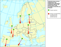 Apparent southward shift of European cities — due to climate change, 2070-2100