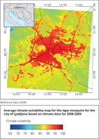 Average climate suitability map for the tiger mosquito for the city of Ljubljana based on climate data for 2008-2009