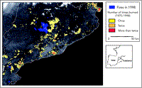 Burnt forest areas and fire frequency in Catalonia from 1975 to 1998, derived from LANDSAT images