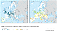 Change factor of maximum drought in 571 European cities between 1951-2000 and 2051-2100