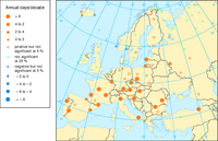 Change in frequency of summer days in Europe, in the period 1976-1999 (days with temperatures above 25 oC)