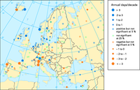 Changes in frequency of very wet days in Europe between 1976 and 1999