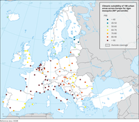 Climatic suitability of 100 urban areas across Europe for tiger mosquito (90th percentile)
