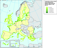 Percentage of the coastal zone within 10 km of the shoreline protected by Natura 2000 sites per NUTS3 region in the EU-27