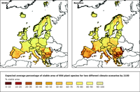 Expected average percentage of stable area of 856 plant species for two different climate scenarios