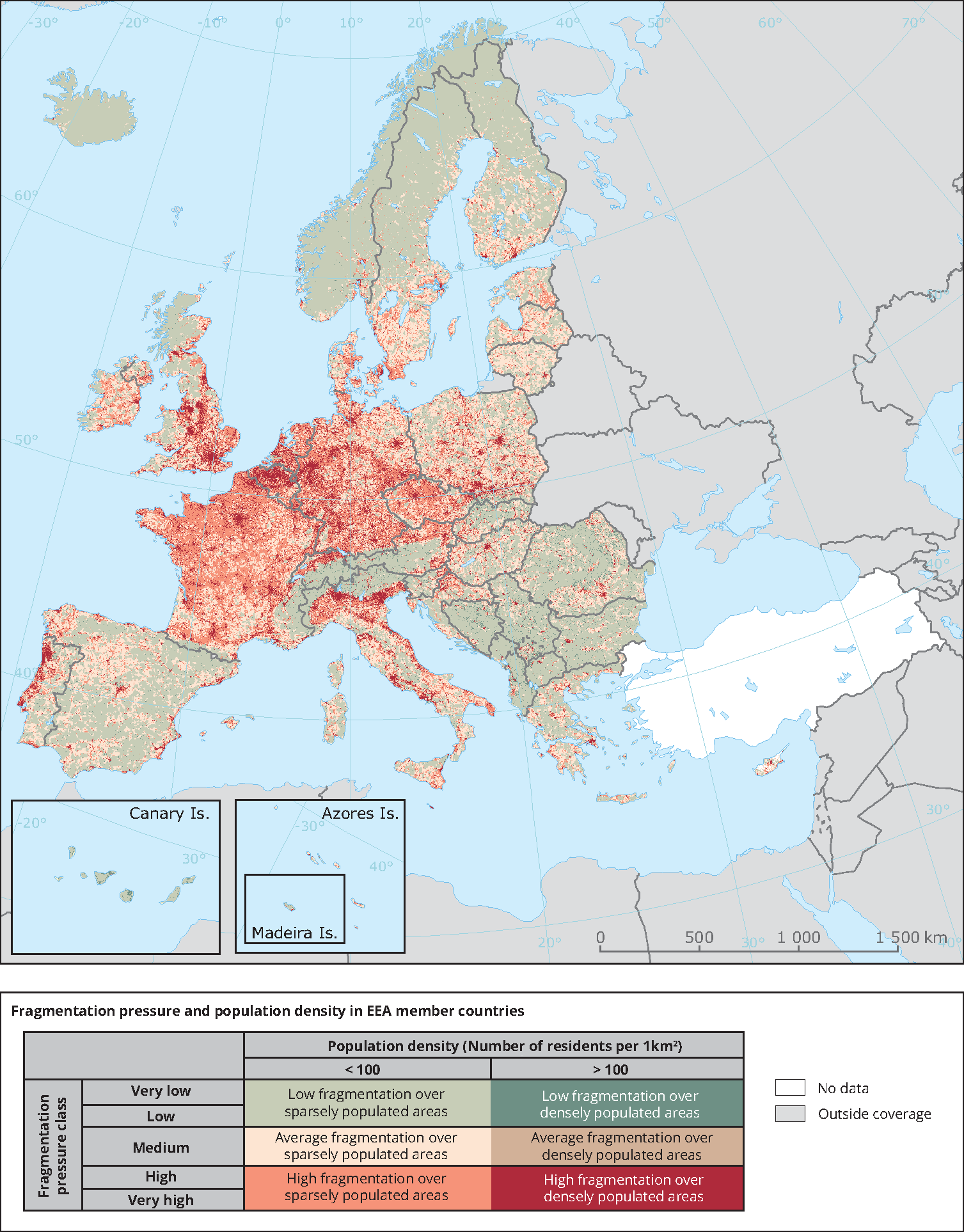 Fragmentation Pressure And Population Density In Eea Member Countries European Environment Agency