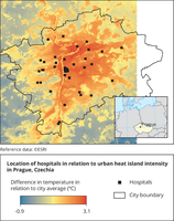 Location of hospitals in relation to urban heat island intensity in Prague, Czechia