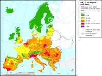 Map of PM10 concentrations in WCE and SEE, 2003, showing the 36th highest daily values at urban background sites superimposed on rural concentrations. Maps constructed from measurements and model calculations (EEA-ETC/ACC Technical Paper 2005/2008)
