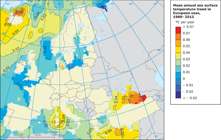 Sea Temperature Map Europe Mean annual sea surface temperature trend in European seas 