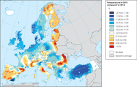 Mean near-surface temperature change between 2014 and 2015 in Europe