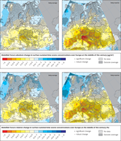 Modelled future change (absolute and relative) in surface summertime ozone concentrations (left: daily average, right: daily maxima) over Europe at the middle of the century