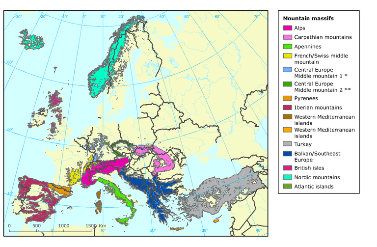 alps mountains on world map