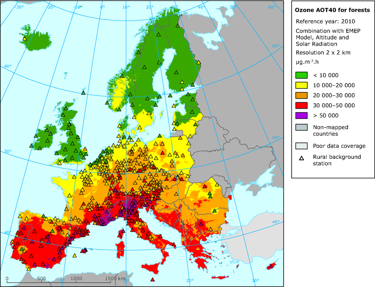 Europe Air Quality Map Ozone AOT40 for forest, 2010 — European Environment Agency