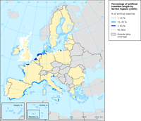 Percentage of artificial coastline length by NUTS3 regions (2004)