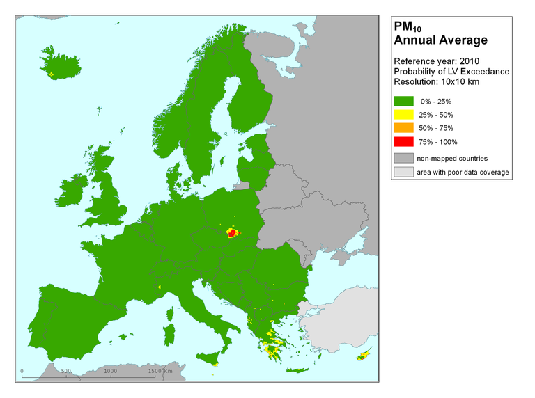 PM10 annual average, LV Exceedance, 2010 — European Environment Agency