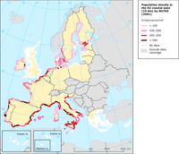 Population density in the European coastal zone (0-10 km) in 2001