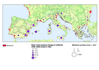 Pressure changes on wetlands from urban proximity (1990–2000) summarised at NUTS 2 level in parts of the Mediterranean and Black Sea regions