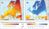 Projected changes in annual mean temperature (left) and annual precipitation (right)