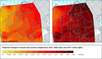 Projected changes in annual near-surface temperature for periods 2021–2050 and 2071–2100