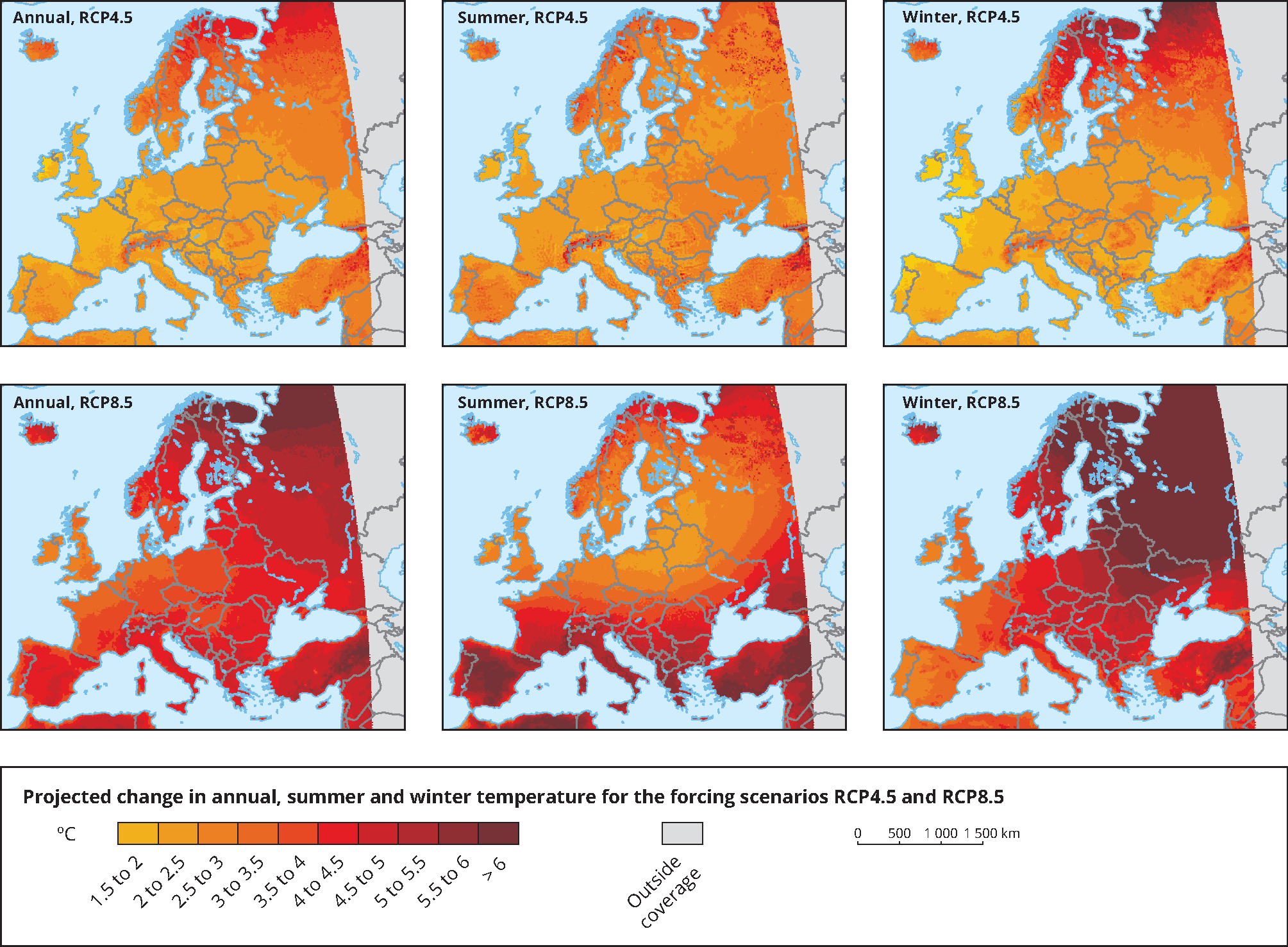 Projected changes in annual, summer and winter temperature