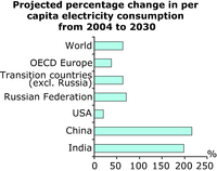 Projected percentage change in per capita electricity consumption from 2004 to 2030