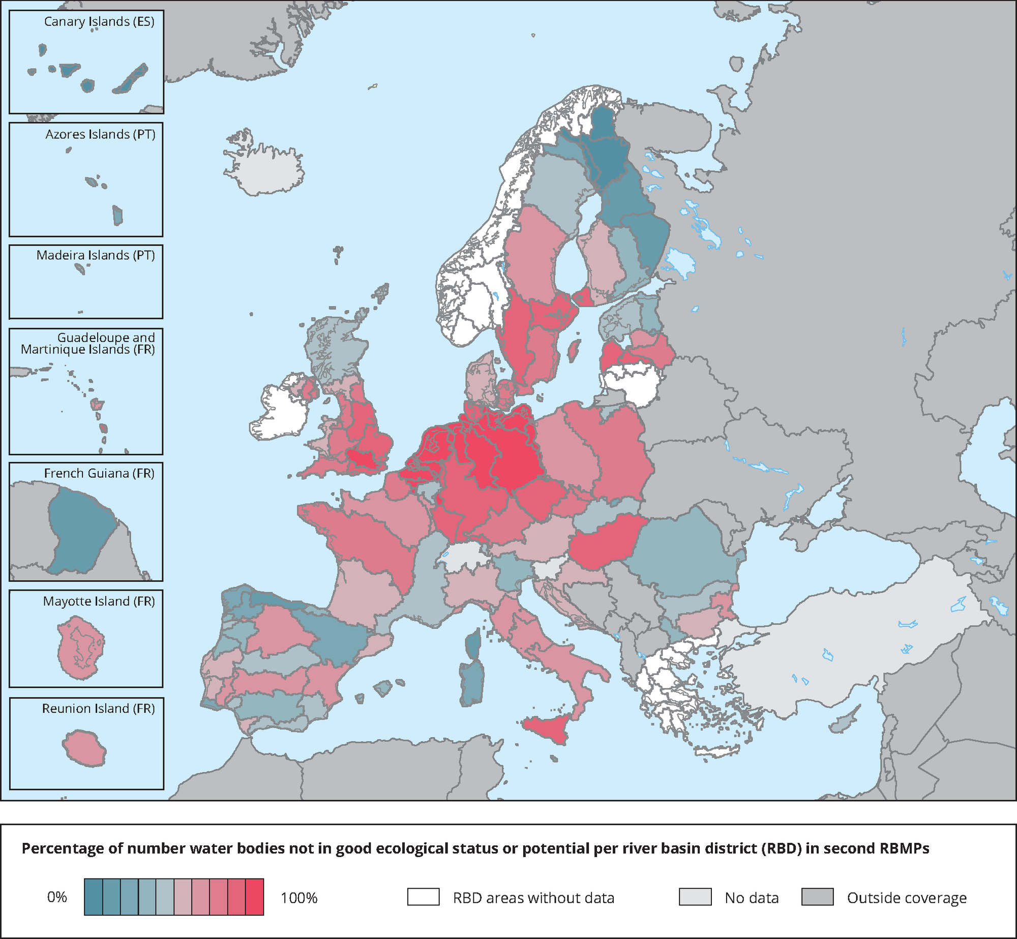 Percentage Of Water Bodies Not In Good Ecological Status Potential In Europe S River Basin Districts In Second River Basin Management Plans Rbmps European Environment Agency