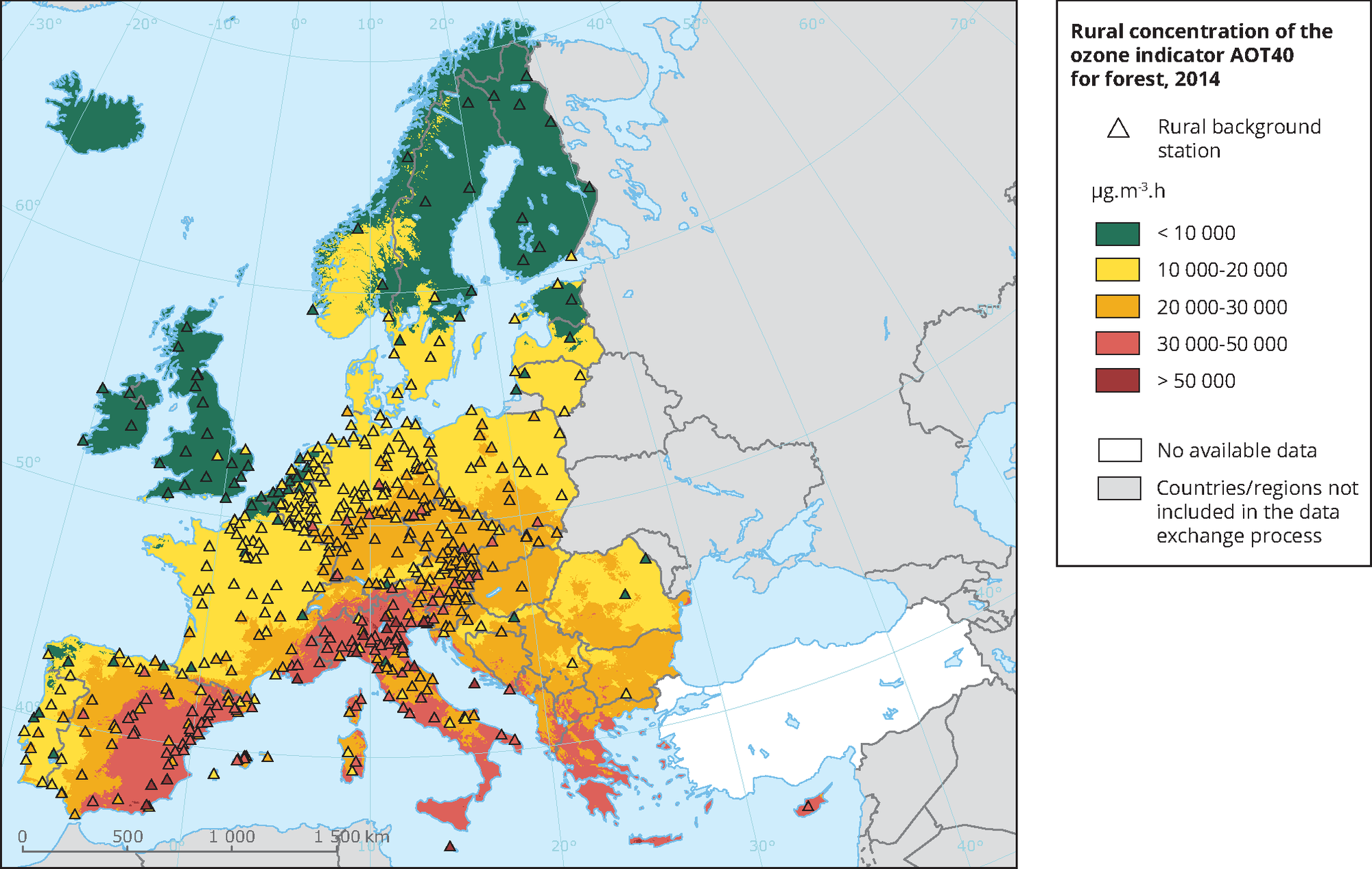 Rural concentration of the ozone indicator AOT40 for forest 