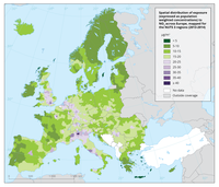 Spatial distribution of exposure to NO2 across Europe, mapped for the NUTS 3 regions, 2013-2014
