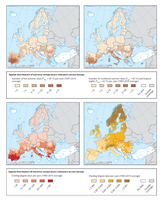 Spatial distribution of extreme temperature indicators across Europe