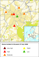 The location and levels of ozone at air quality monitoring stations in Brussels on Sunday 27 July 2008
