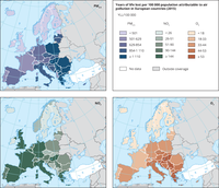 Years of life lost per 100 000 inhabitants attributable to air pollution in European countries, 2015