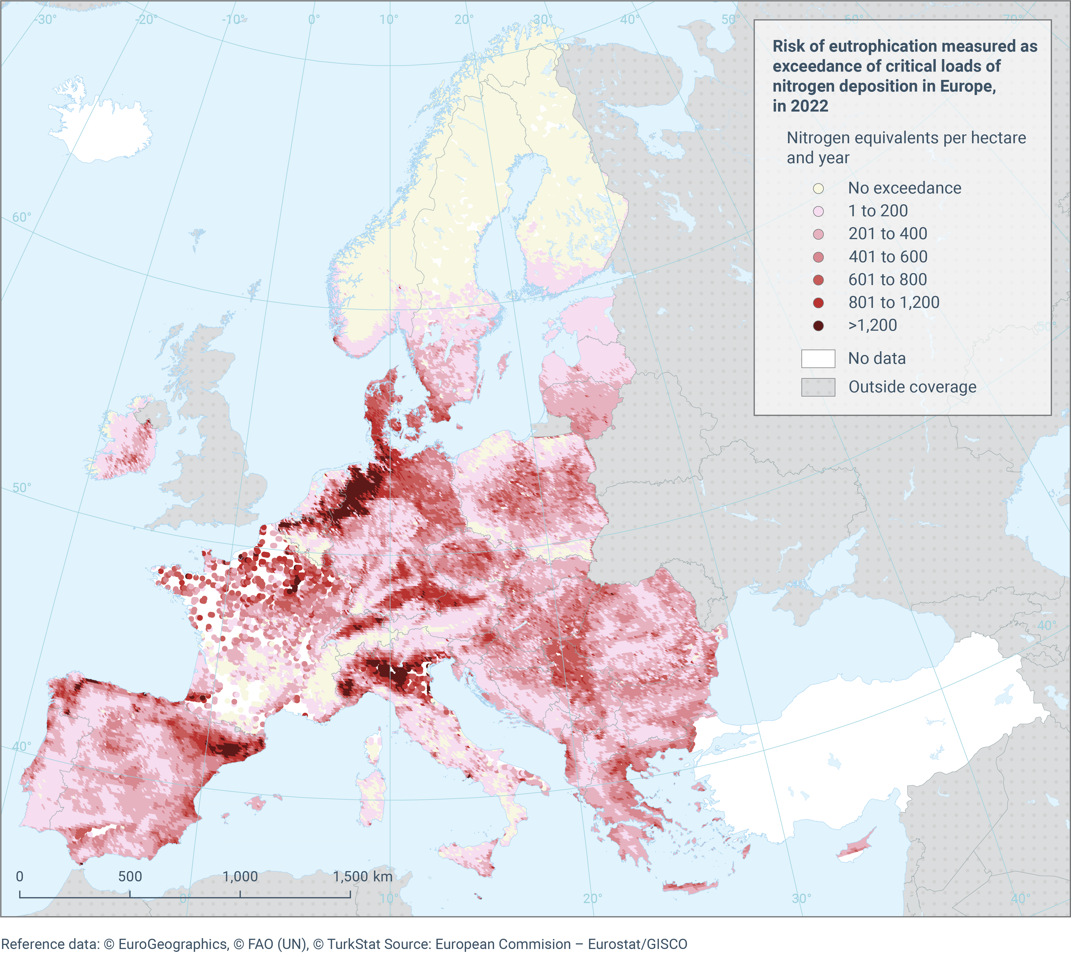 Risk of eutrophication measured as exceedance of critical loads of nitrogen deposition in Europe, in 2022