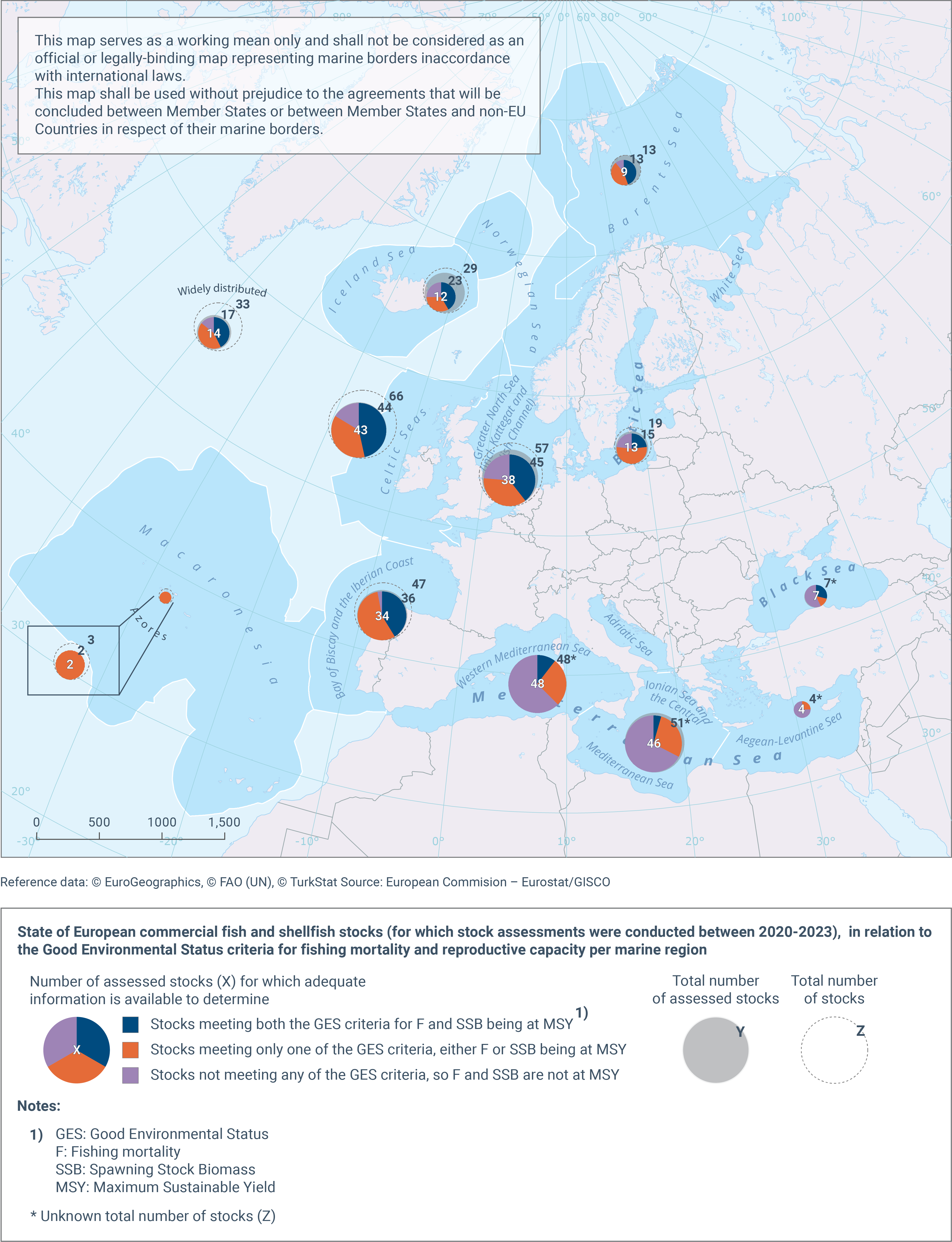 State of European commercial fish and shellfish stocks (for which stock assessments were conducted between 2020-2023), in relation to the Good Environmental Status criteria for fishing mortality and reproductive capacity per marine region