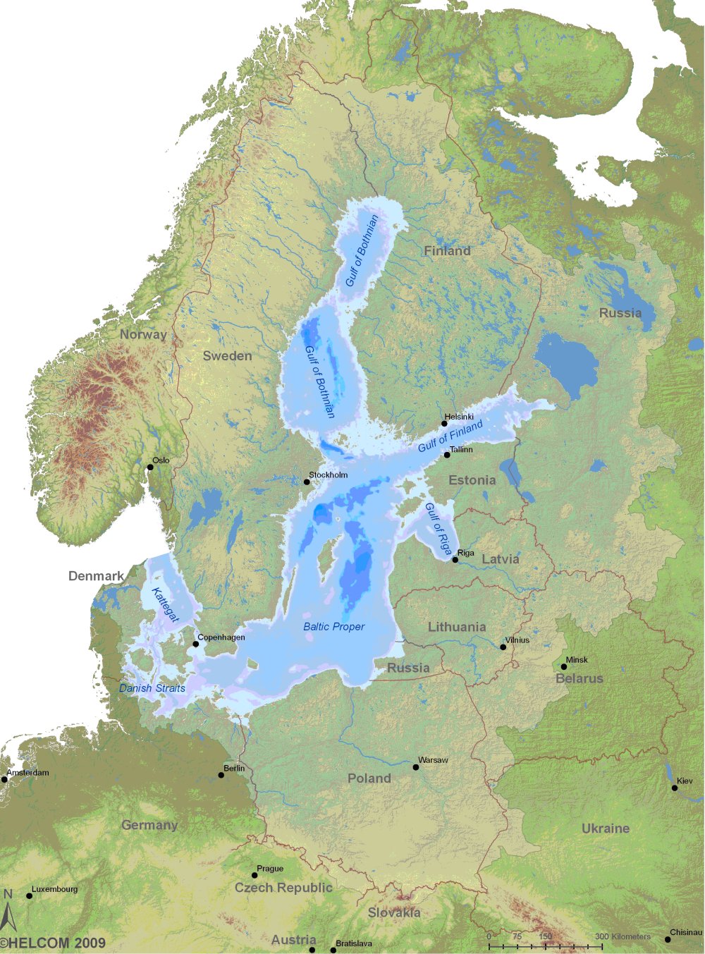 Figure 1: Map of the Baltic Sea region; the light green area represents the catchment area of the Baltic Sea
